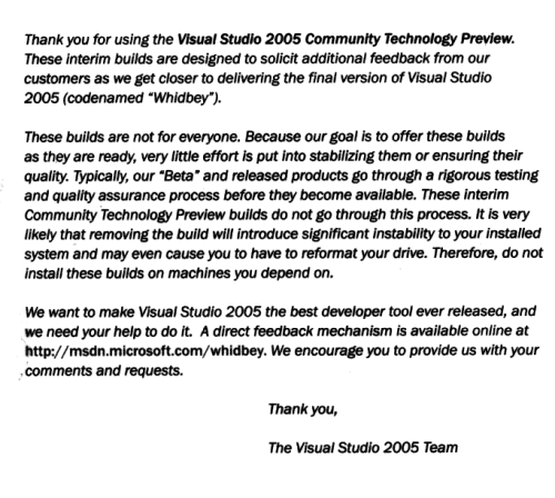 Text of back of DVD envelope for Microsoft Visual Studio 2005 Community Technology Preview